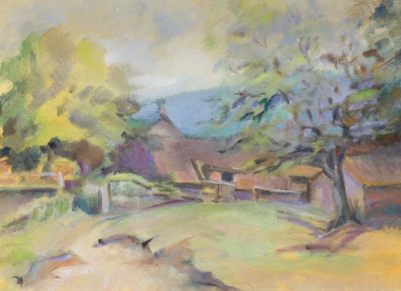 After Duncan Grant, oil on canvas, Farm scene, monogrammed, 30 x 40cm